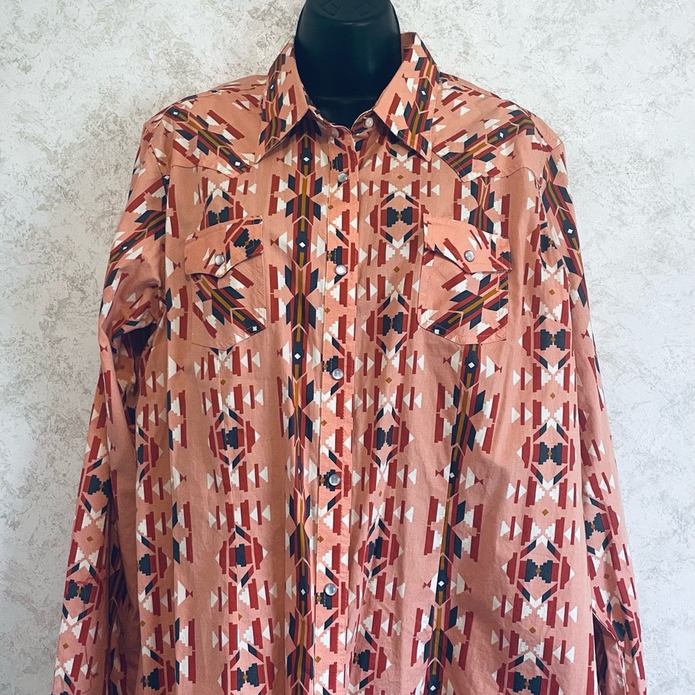 Wrangler Retro Peach Aztec Print Ladies Shirt Large Long Sleeve Snap Up Cotton